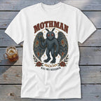 White t-shirt with Mothman illustration and "MOTHMAN WAS MY NEIGHBOR" text.