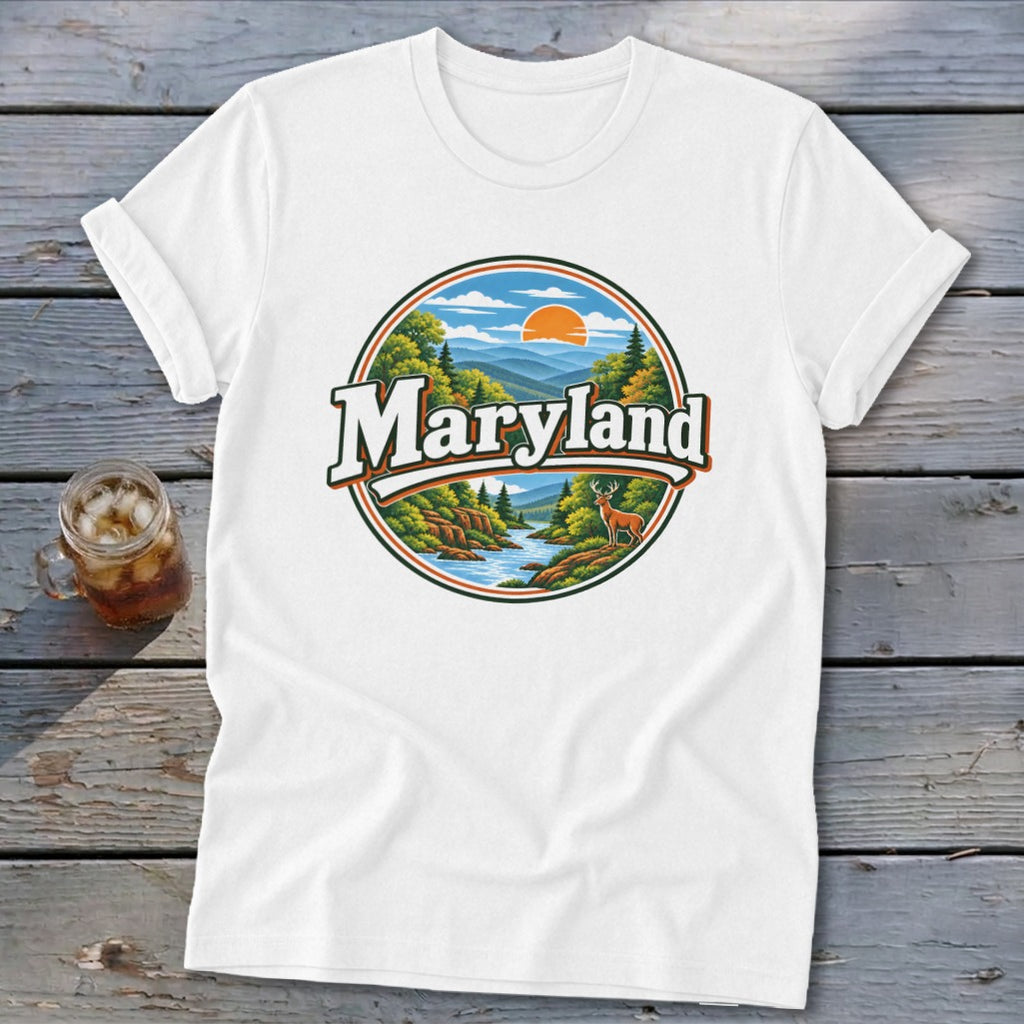 White t-shirt with circular Maryland graphic featuring mountains, river, deer, and sun.