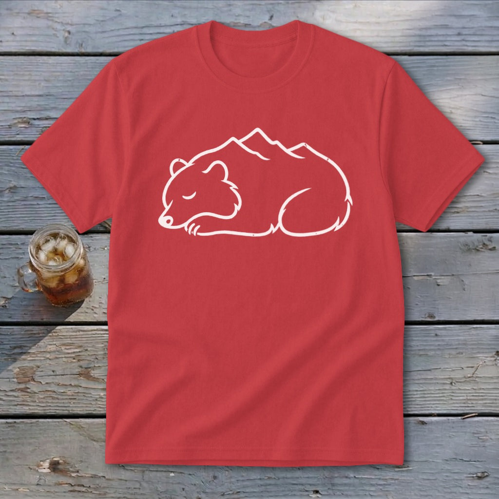 Red t-shirt with white outline graphic of a sleeping bear and mountains.