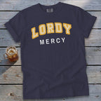Navy t-shirt with yellow "LORDY" and white "MERCY" text.