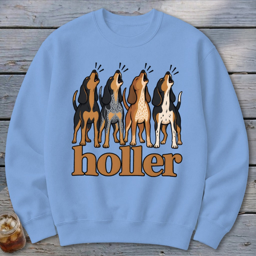 Light blue sweatshirt with four howling hounds and the word "holler".