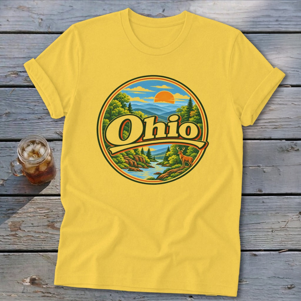 Yellow t-shirt with a circular vintage Ohio landscape graphic featuring mountains, river, and deer.