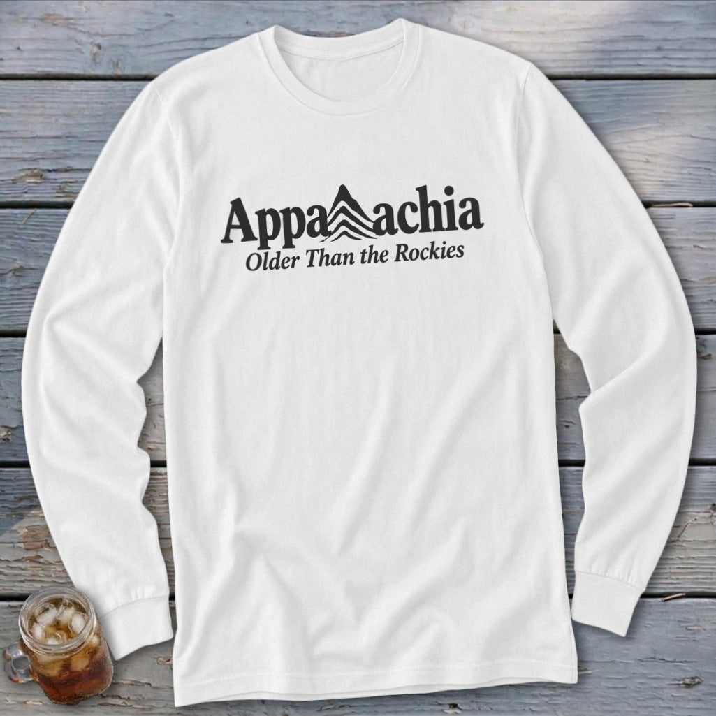 White long-sleeved shirt with "Appalachia Older Than the Rockies" text and mountain graphic.