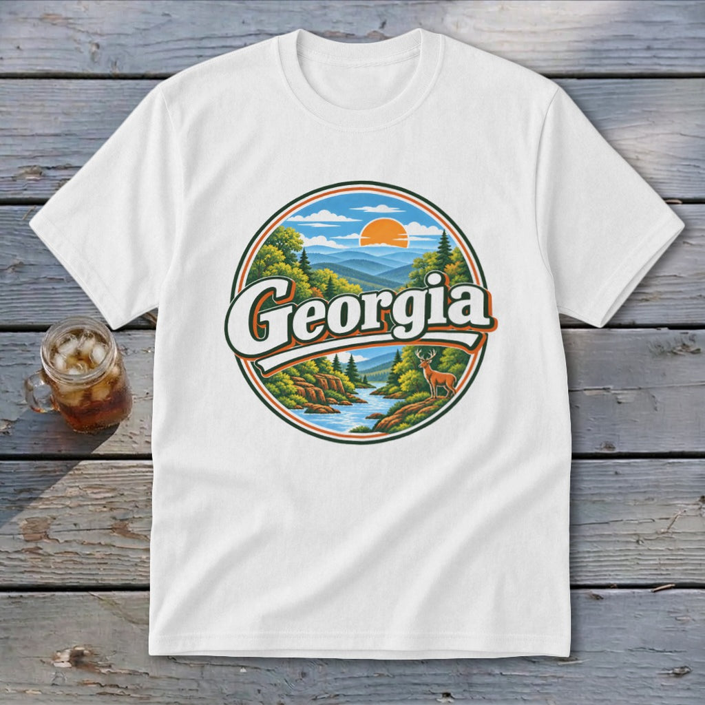 White t-shirt with a circular Georgia graphic featuring mountains, a river, deer, and trees.
