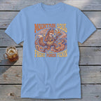 Light blue t-shirt with a stylized fox playing a banjo, surrounded by "Mountain Soul and Front Porch Pickin'".