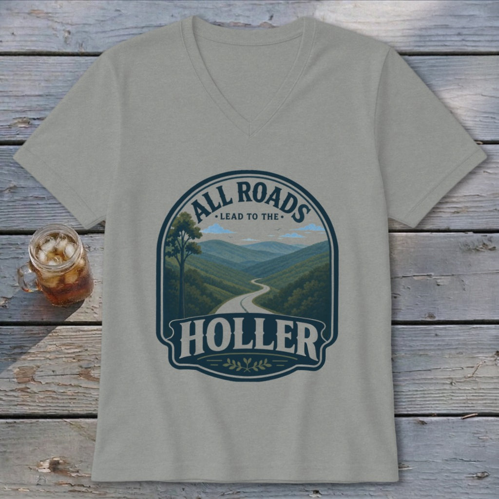 T-shirt with "All Roads Lead to the Holler" graphic and a scenic mountain road.