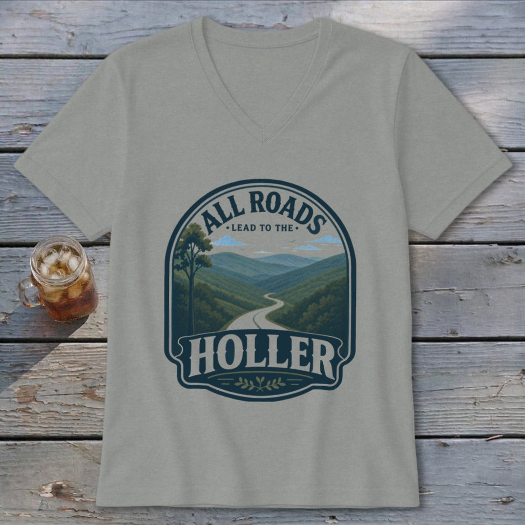 T-shirt with "All Roads Lead to the Holler" graphic and a scenic mountain road.