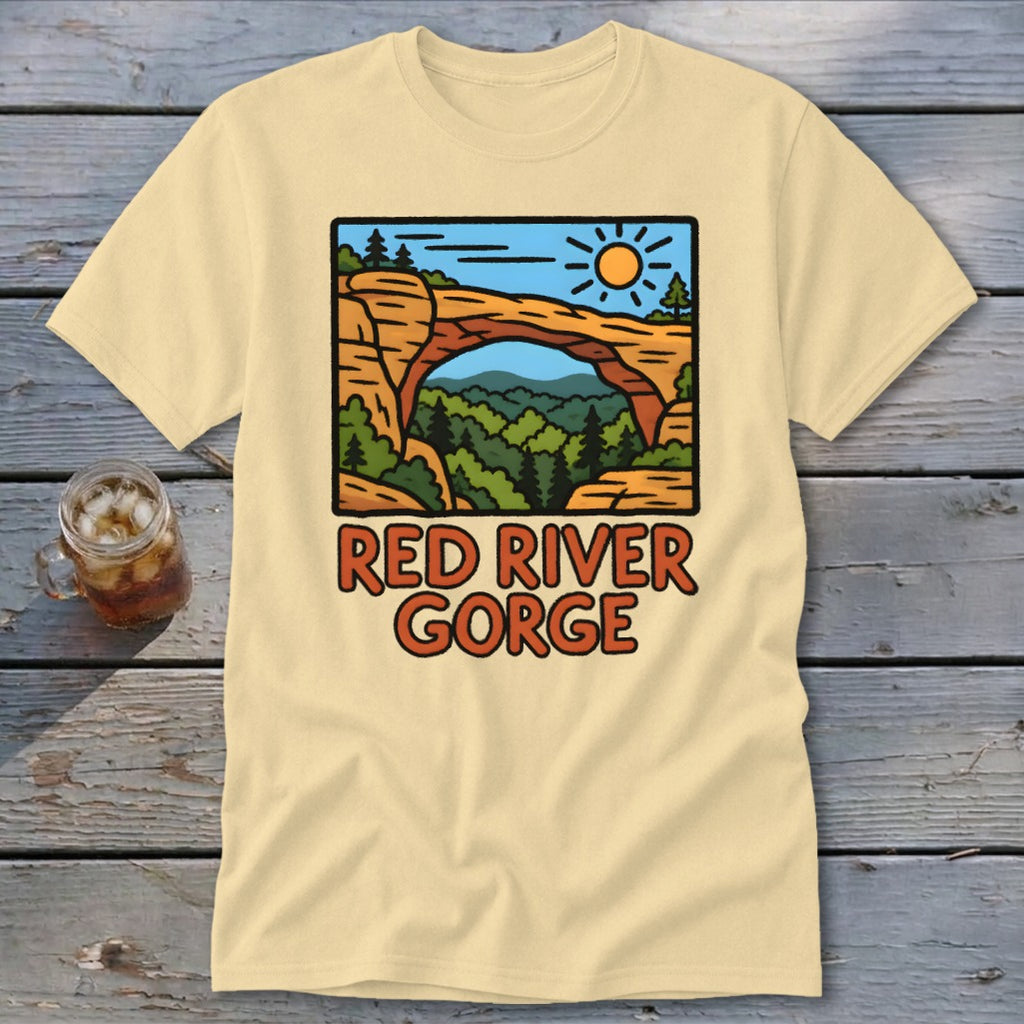 Yellow t-shirt with Red River Gorge graphic featuring a rock arch and forested valley.
