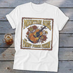 White t-shirt with "Mountain Soul and Front Porch Pickin'" text and guitar graphic.