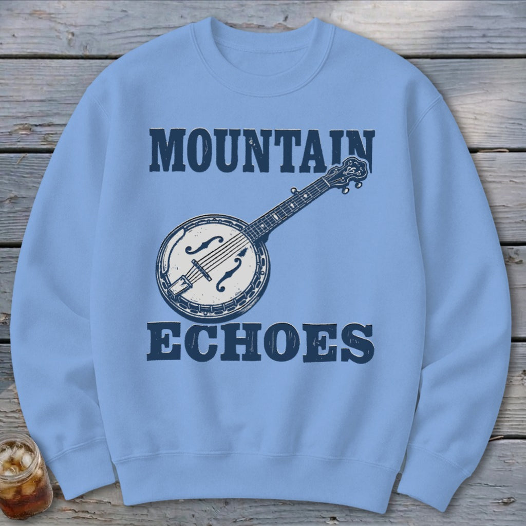 Light blue crewneck sweatshirt featuring a distressed graphic of a banjo and the text Mountain Echoes.