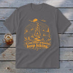 Grey t-shirt with orange mountain, lantern, and hiking graphic and text.