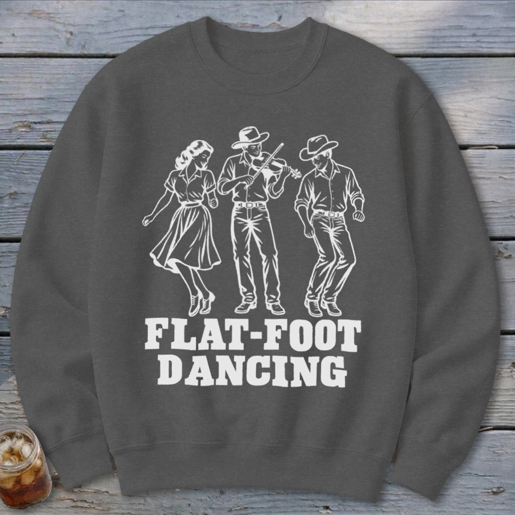 Flat-Foot Dancing graphic on a gray sweatshirt with three figures.
