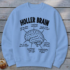 Blue sweatshirt with "Holler Brain" text and a diagram of a brain with funny canning-related labels.