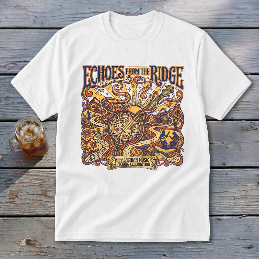 White t-shirt with "Echoes from the Ridge Appalachian Music & Picking Celebration" graphic.