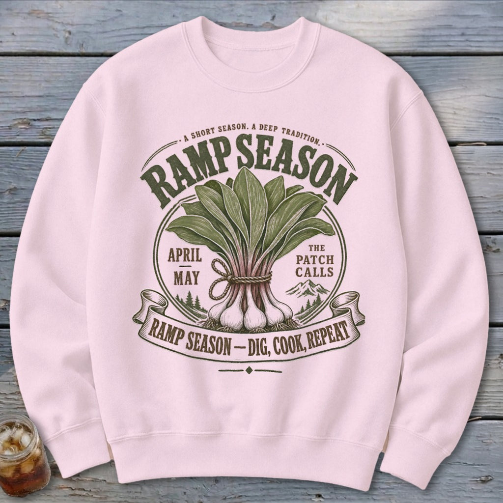 Pink sweatshirt with a graphic that says "Ramp Season" with illustrations of ramps.