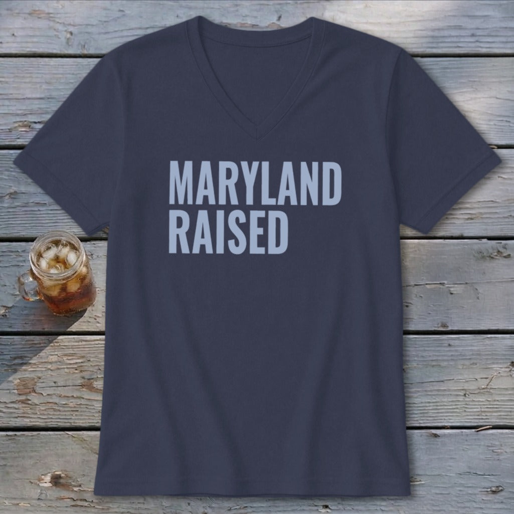 Navy v-neck t-shirt with "Maryland Raised" text in light blue.