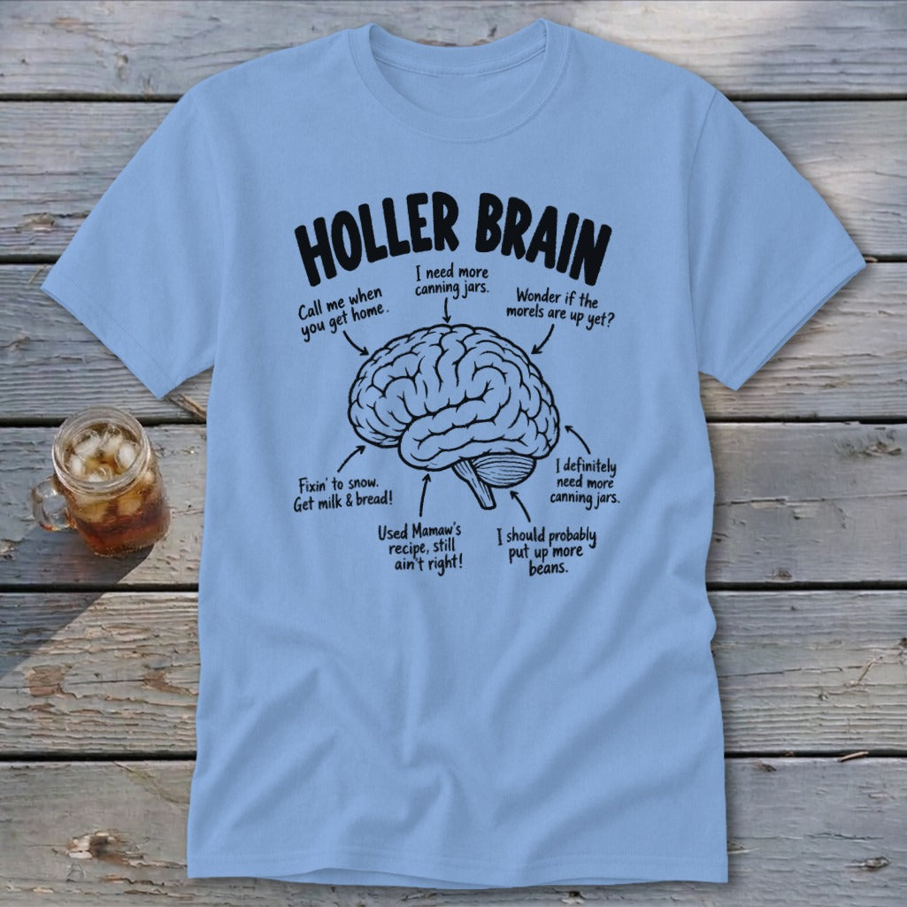 Light blue t-shirt with "Holler Brain" text and a diagram of a brain with humorous labels.