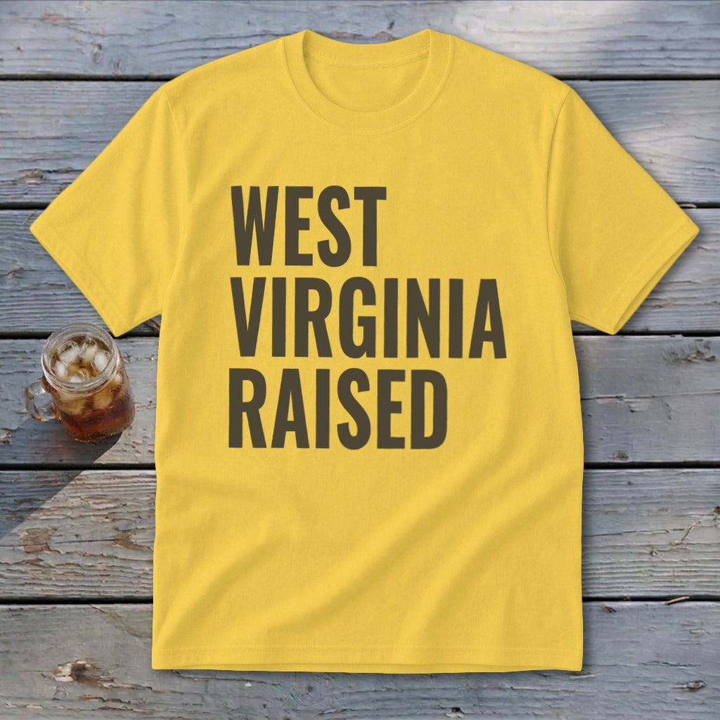 Yellow t-shirt with "West Virginia Raised" text in dark gray.