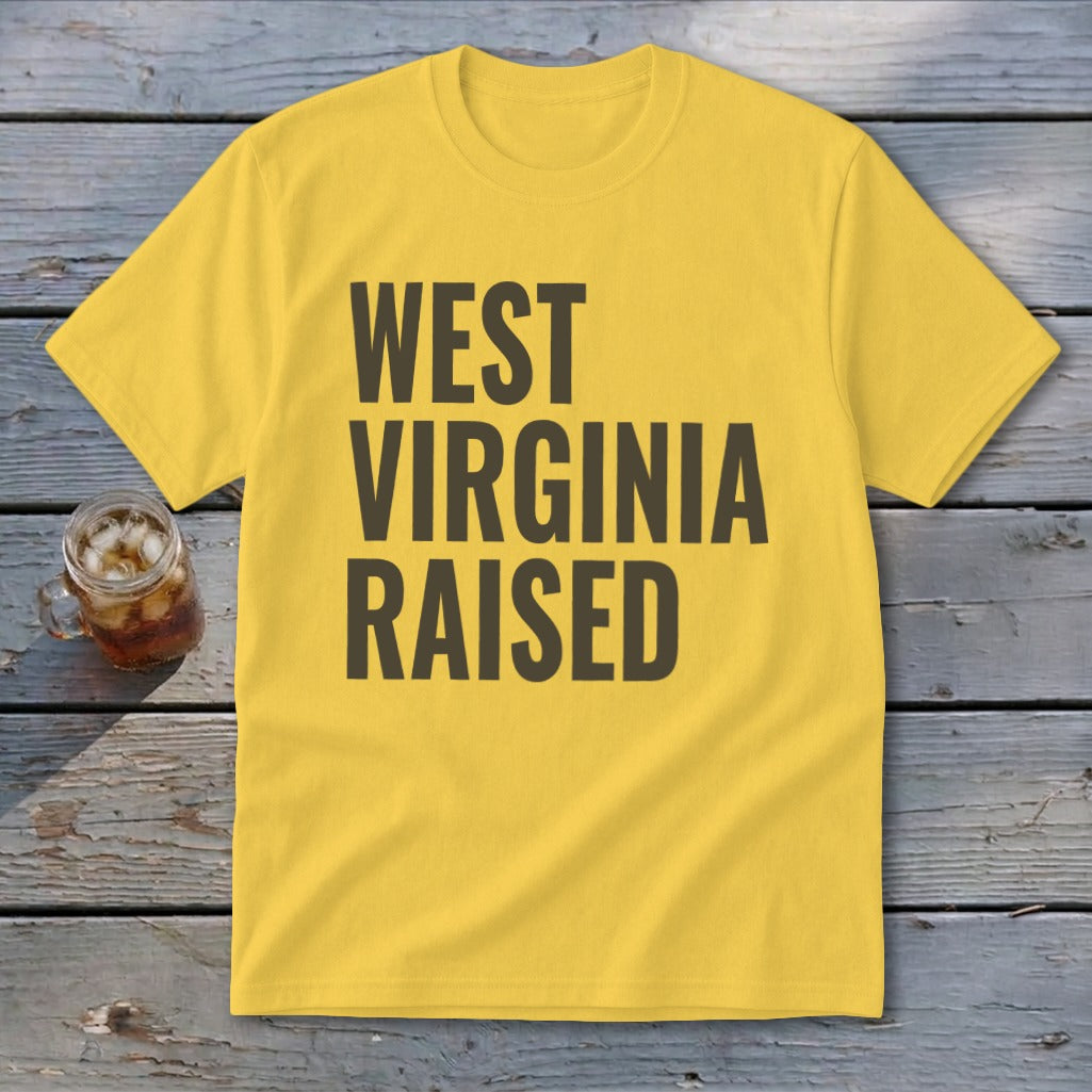 Yellow t-shirt with "West Virginia Raised" text in dark gray.