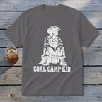 Gray t-shirt with white graphic of a boy sitting with a bucket, "COAL CAMP KID" text.