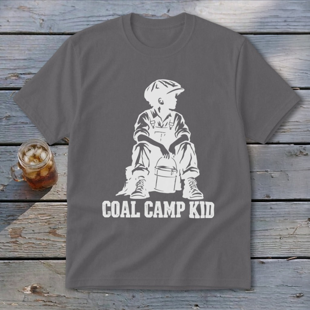 Gray t-shirt with white graphic of a boy sitting with a bucket, "COAL CAMP KID" text.