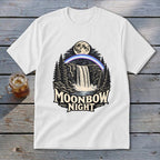 White t-shirt with "Moonbow Night" text and a waterfall scene.