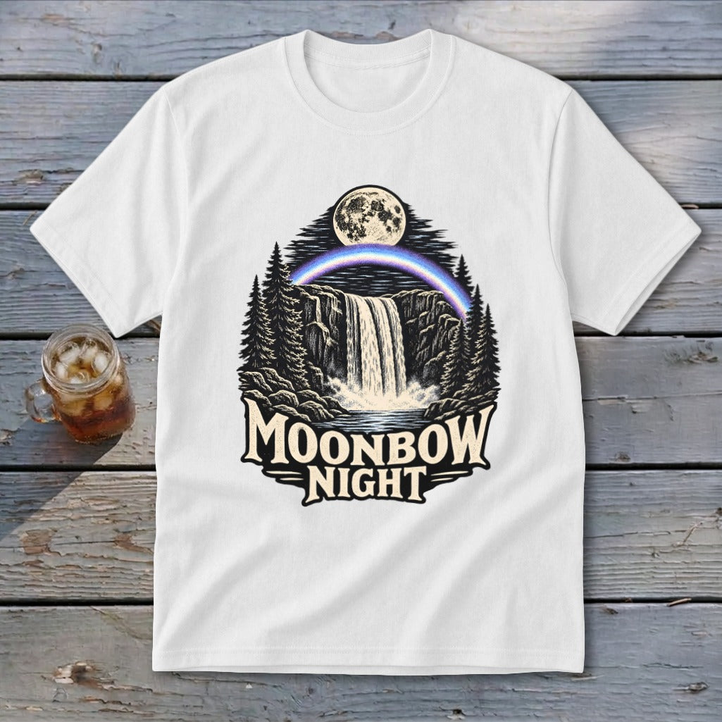 White t-shirt with "Moonbow Night" text and a waterfall scene.