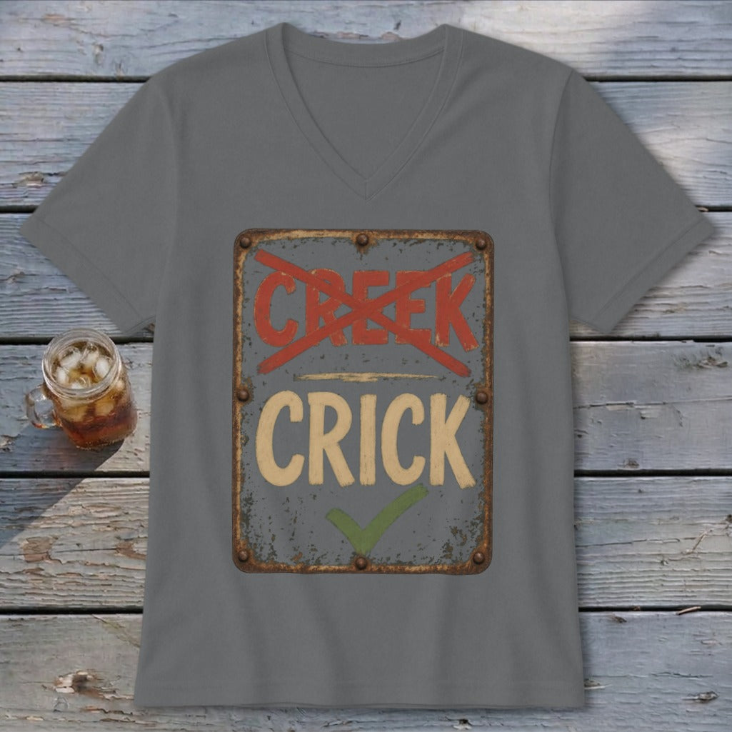 Gray t-shirt with a distressed sign graphic reading "Creek" crossed out and "Crick" checked.
