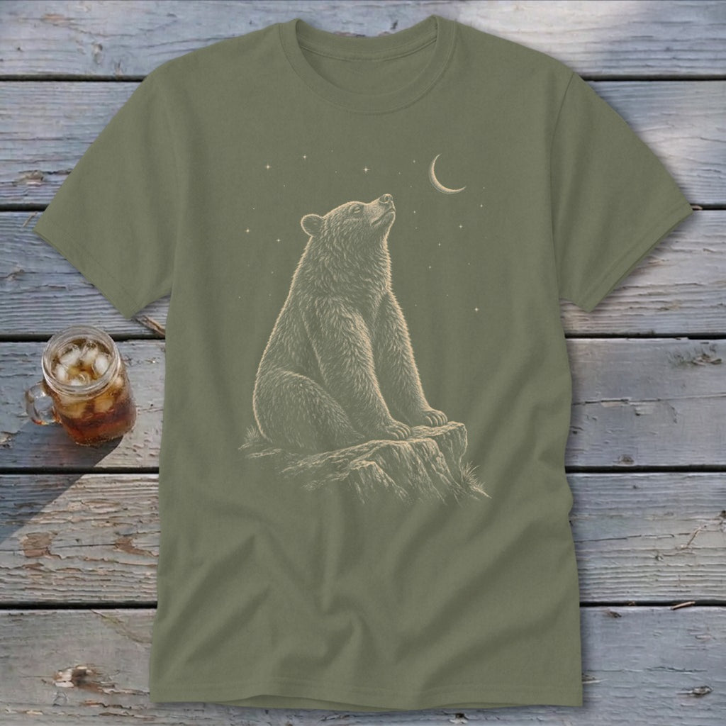 Olive green t-shirt with a drawing of a bear looking up at a crescent moon and stars.