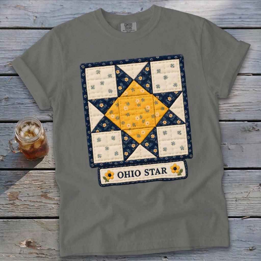 Gray t-shirt with a quilt block design and "Ohio Star" text.