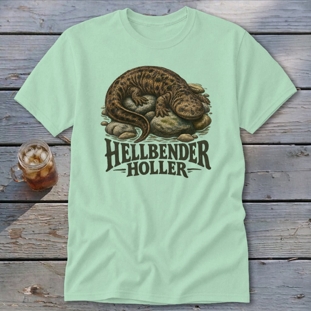 Hellbender salamander graphic with "Hellbender Holler" text on a light green t-shirt.