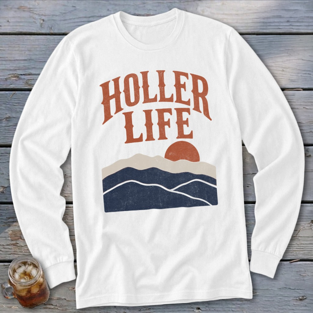 White long-sleeve t-shirt featuring the text HOLLER LIFE above a graphic of mountains and a sun.