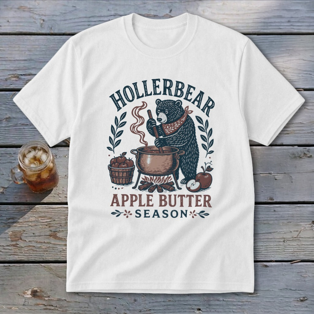Bear making apple butter on t-shirt with text Hollerbear Apple Butter Season.
