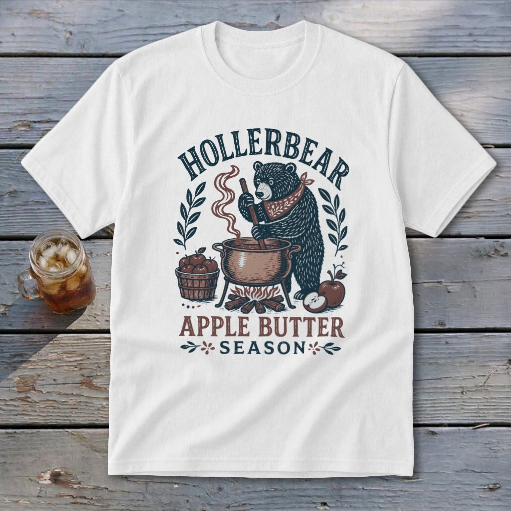 Bear making apple butter on t-shirt with text Hollerbear Apple Butter Season.