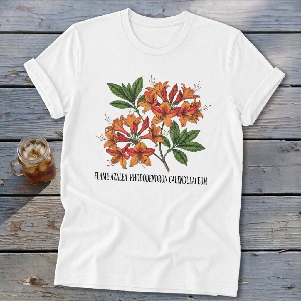 White t-shirt with flame azalea illustration and text "FLAME AZALEA RHODODENDRON CALENDULACEUM".