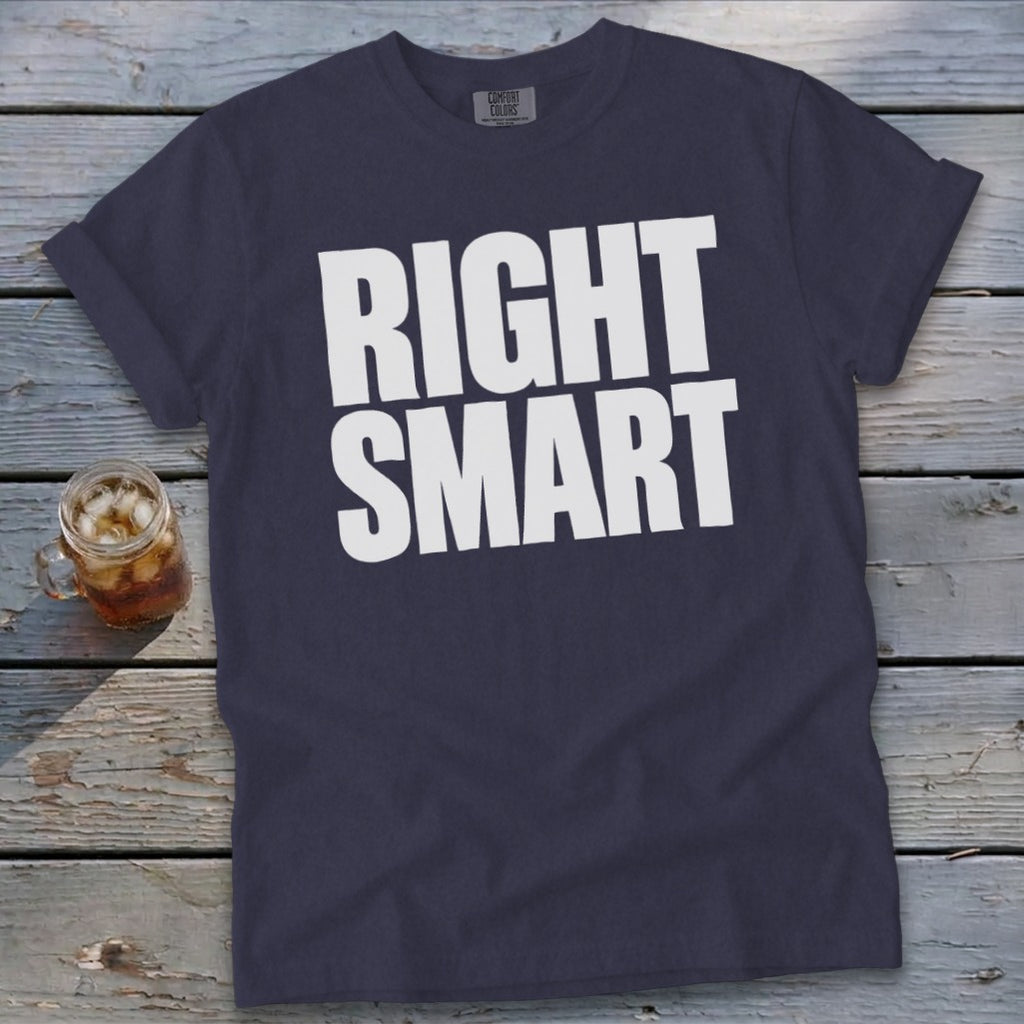Navy t-shirt with white text reading "RIGHT SMART" and a glass of iced tea.