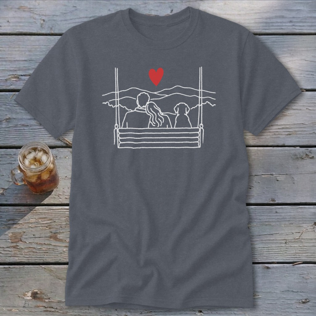Line art of couple and dog on swing with red heart and mountain background.