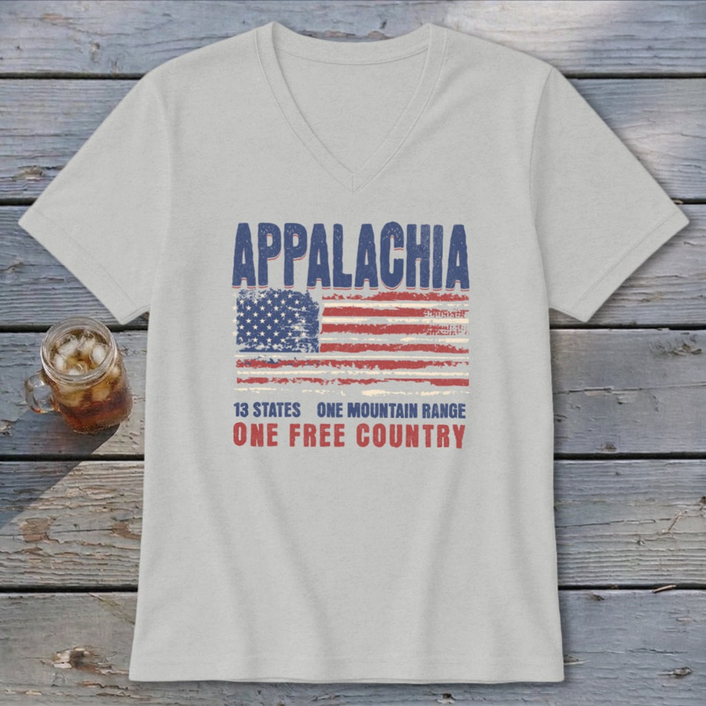 Light gray V-neck t-shirt featuring a distressed American flag graphic with the text Appalachia, 13 states, one mountain range, one free country.