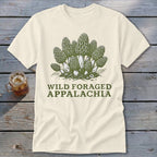 Cream t-shirt with green morel mushroom graphic and text "WILD FORAGED APPALACHIA".