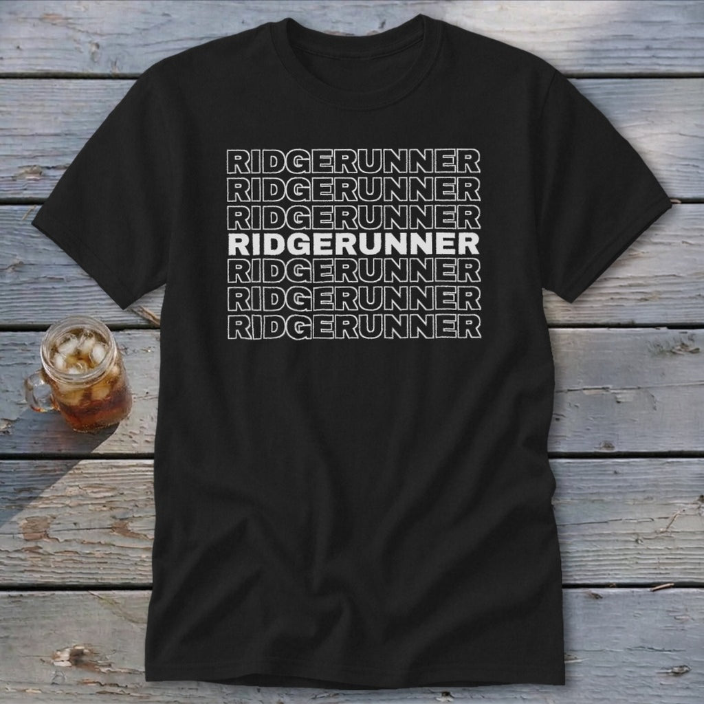 Black t-shirt with repeating white text "RIDGERUNNER" horizontally.