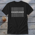 Black t-shirt with repeating white text "RIDGERUNNER" horizontally.