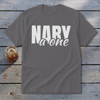 Grey t-shirt with white text "NARY a one" and a glass of iced drink.