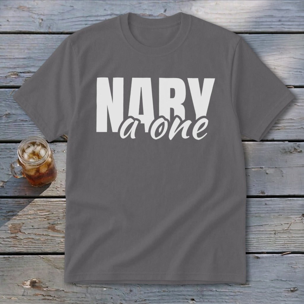 Grey t-shirt with white text "NARY a one" and a glass of iced drink.