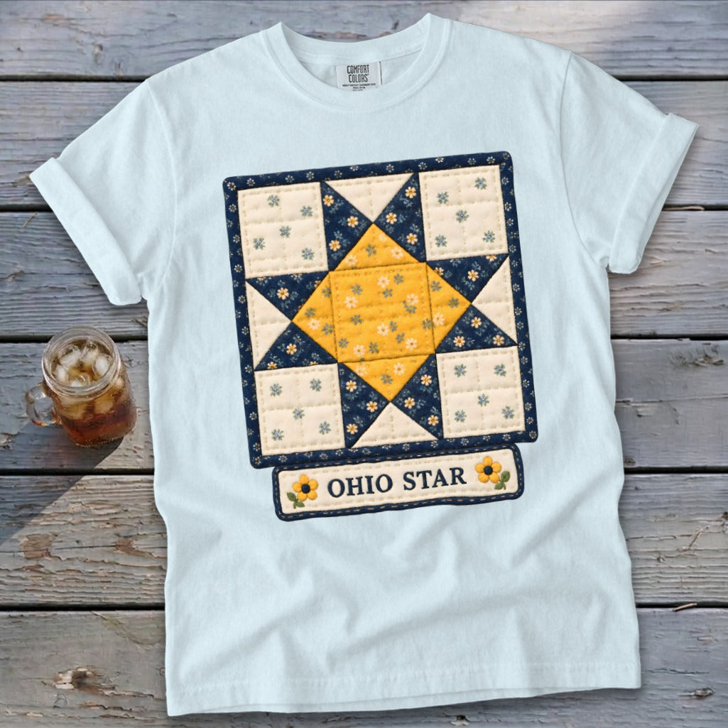 White t-shirt with a "Ohio Star" quilt block design and text.