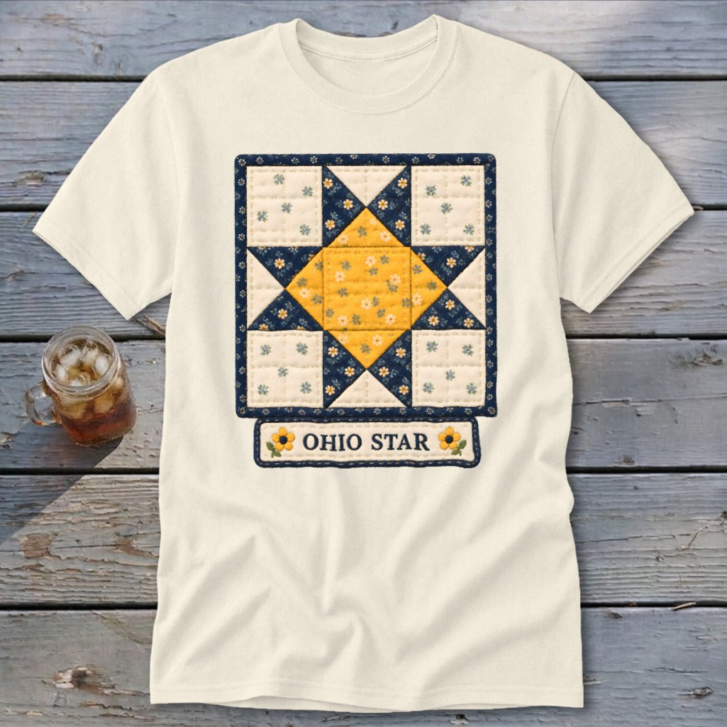 Cream t-shirt with a quilt block design featuring a yellow star and "Ohio Star" text.