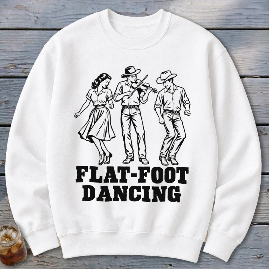 White sweatshirt with black graphic of people flat-foot dancing with a violinist.