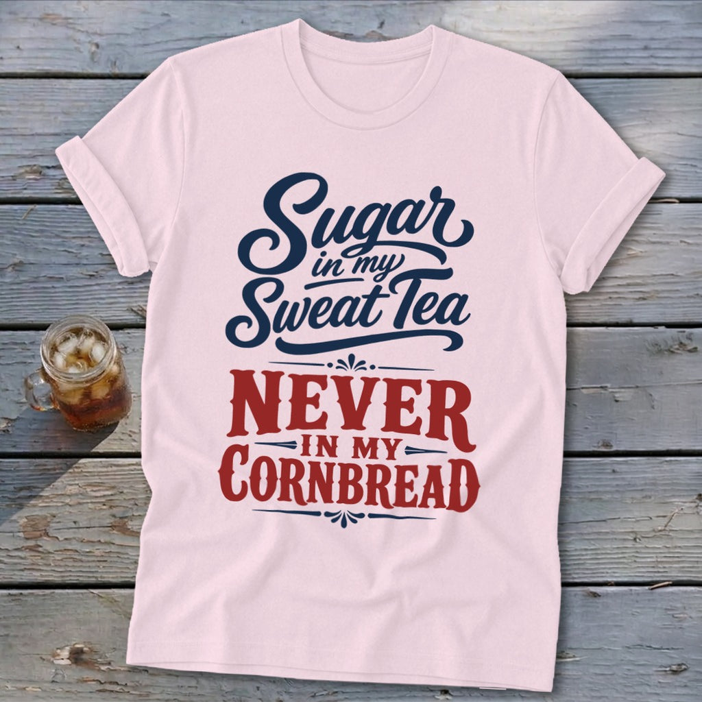 A light pink t-shirt with blue and red text reading Sugar in my sweat tea, Never in my cornbread.