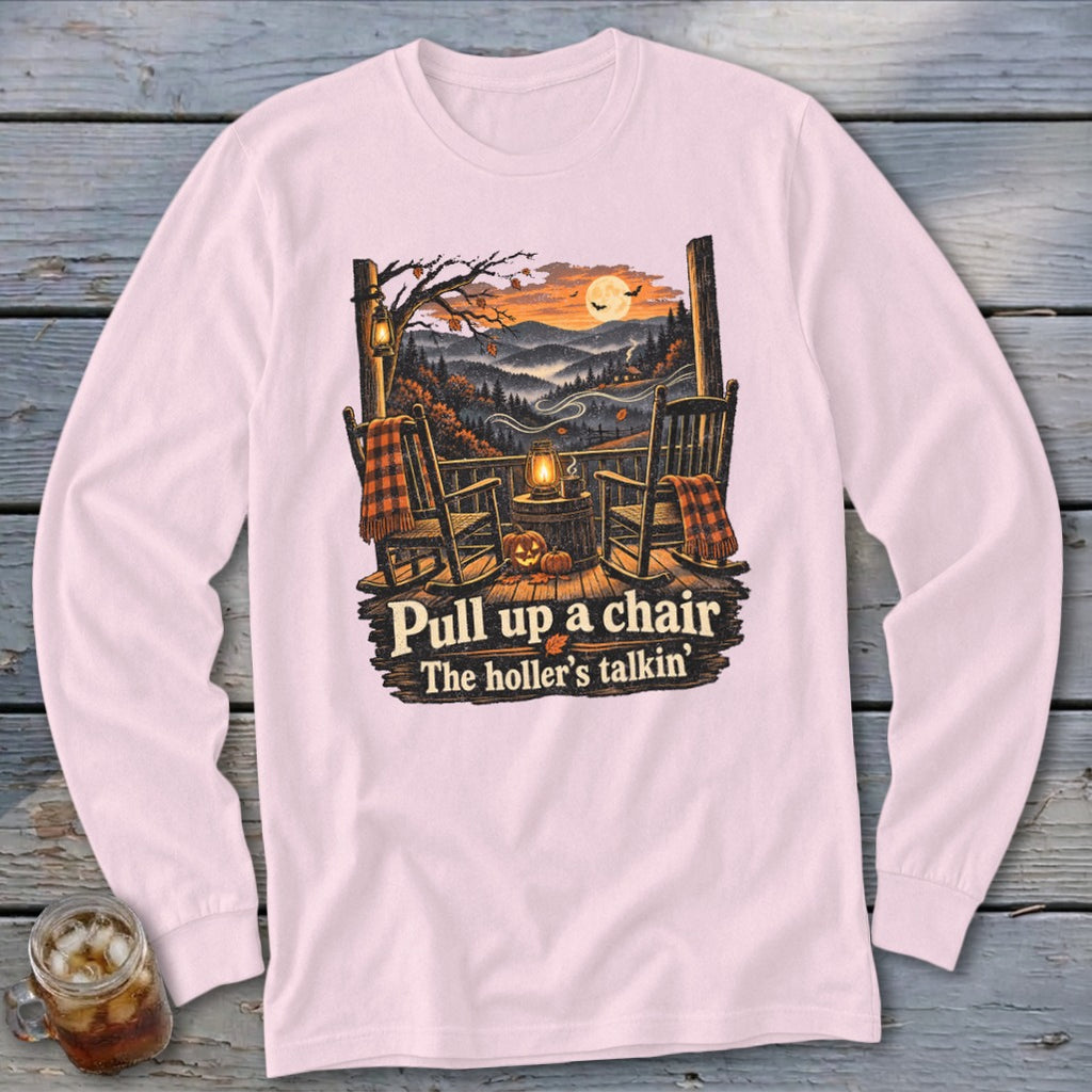 Long sleeve shirt with rocking chairs and autumn scene, "Pull up a chair The holler's talkin'".