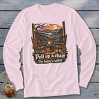Long sleeve shirt with rocking chairs and autumn scene, "Pull up a chair The holler's talkin'".