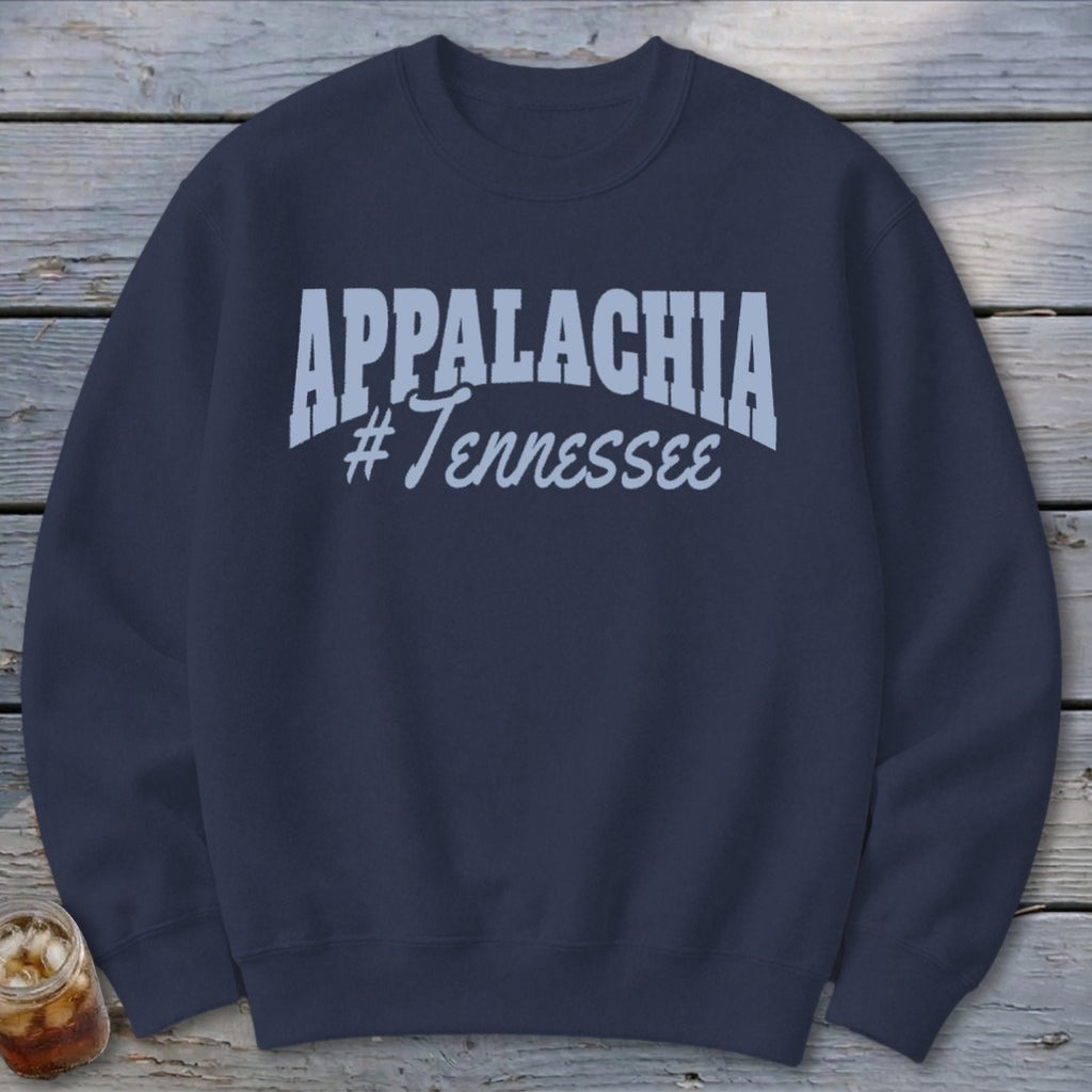 Navy sweatshirt with "APPALACHIA #Tennessee" text in light blue.